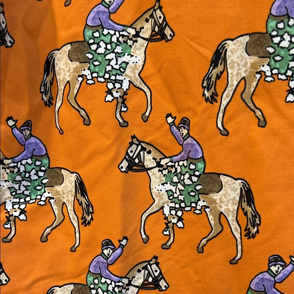 J. McLaughlin Orange Polo Shirt with Jockey Horse Derby Equestrian Print Small